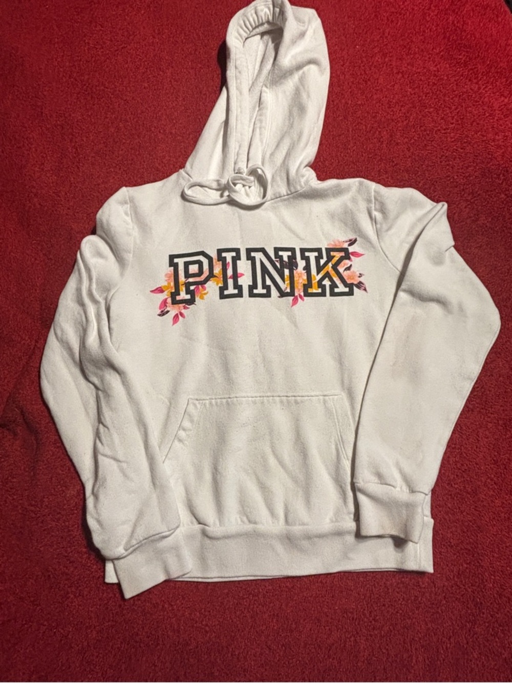 PINK Victoria's Secret White Logo Tag Hoodie Size XS